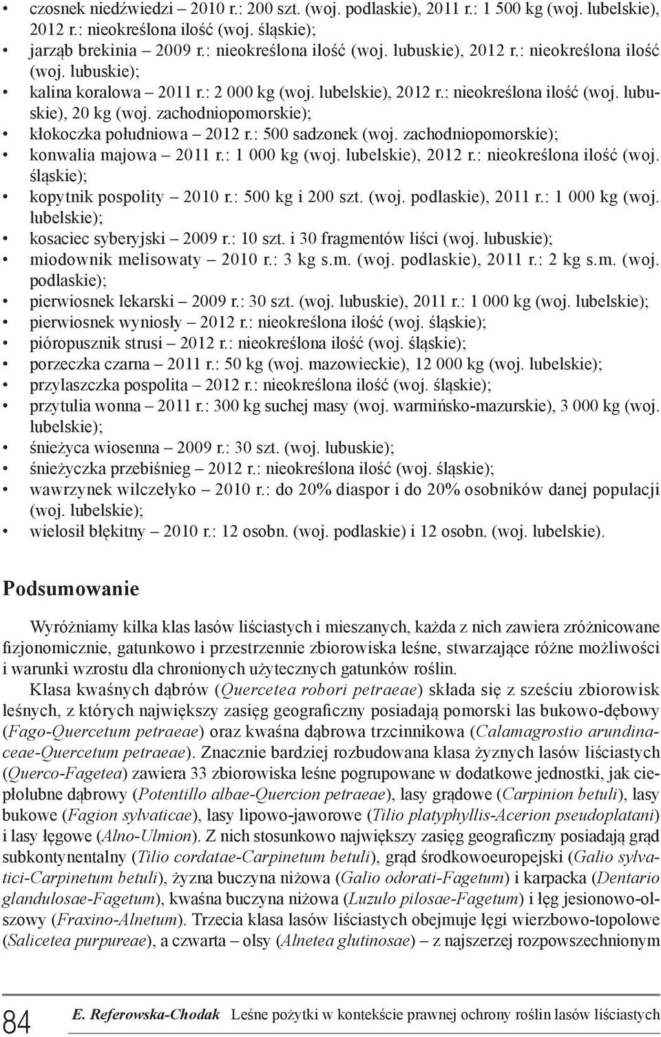 : 500 sadzonek (woj. zachodniopomorskie); konwalia majowa 2011 r.: 1 000 kg (woj. lubelskie), 2012 r.: nieokreślona ilość (woj. śląskie); kopytnik pospolity 2010 r.: 500 kg i 200 szt. (woj. podlaskie), 2011 r.