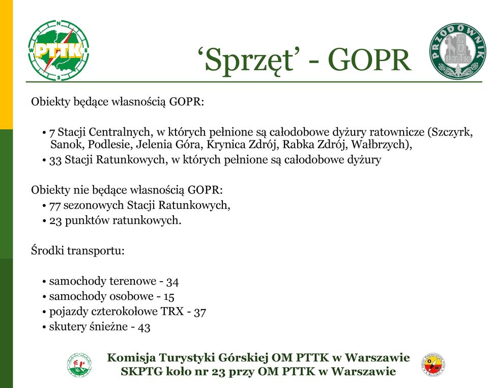 pełnione są całodobowe dyżury Obiekty nie będące własnością GOPR: 77 sezonowych Stacji Ratunkowych, 23 punktów