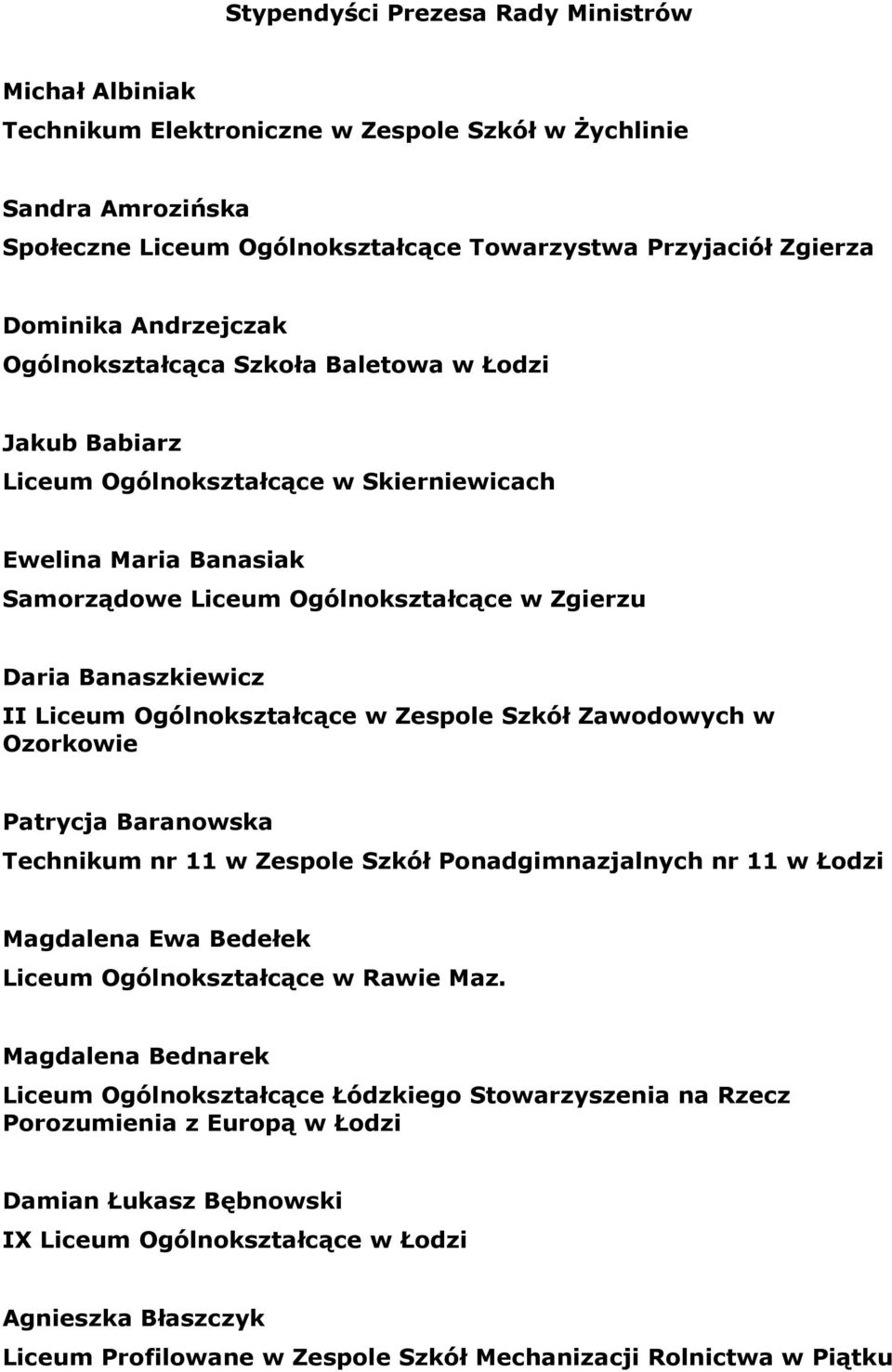 Liceum Ogólnokształcące w Zespole Szkół Zawodowych w Ozorkowie Patrycja Baranowska Technikum nr 11 w Zespole Szkół Ponadgimnazjalnych nr 11 w Łodzi Magdalena Ewa Bedełek Liceum Ogólnokształcące w