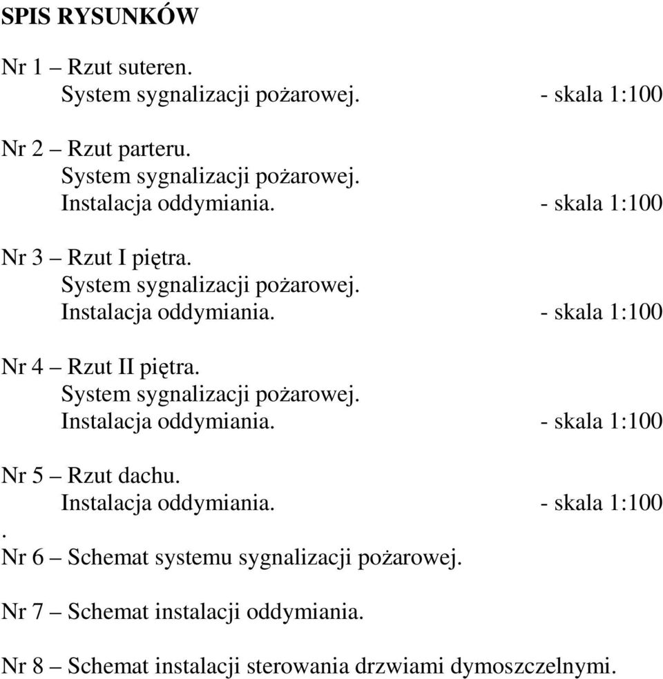 System sygnalizacji poŝarowej. Instalacja oddymiania. - skala 1:100 Nr 5 Rzut dachu. Instalacja oddymiania. - skala 1:100. Nr 6 Schemat systemu sygnalizacji poŝarowej.