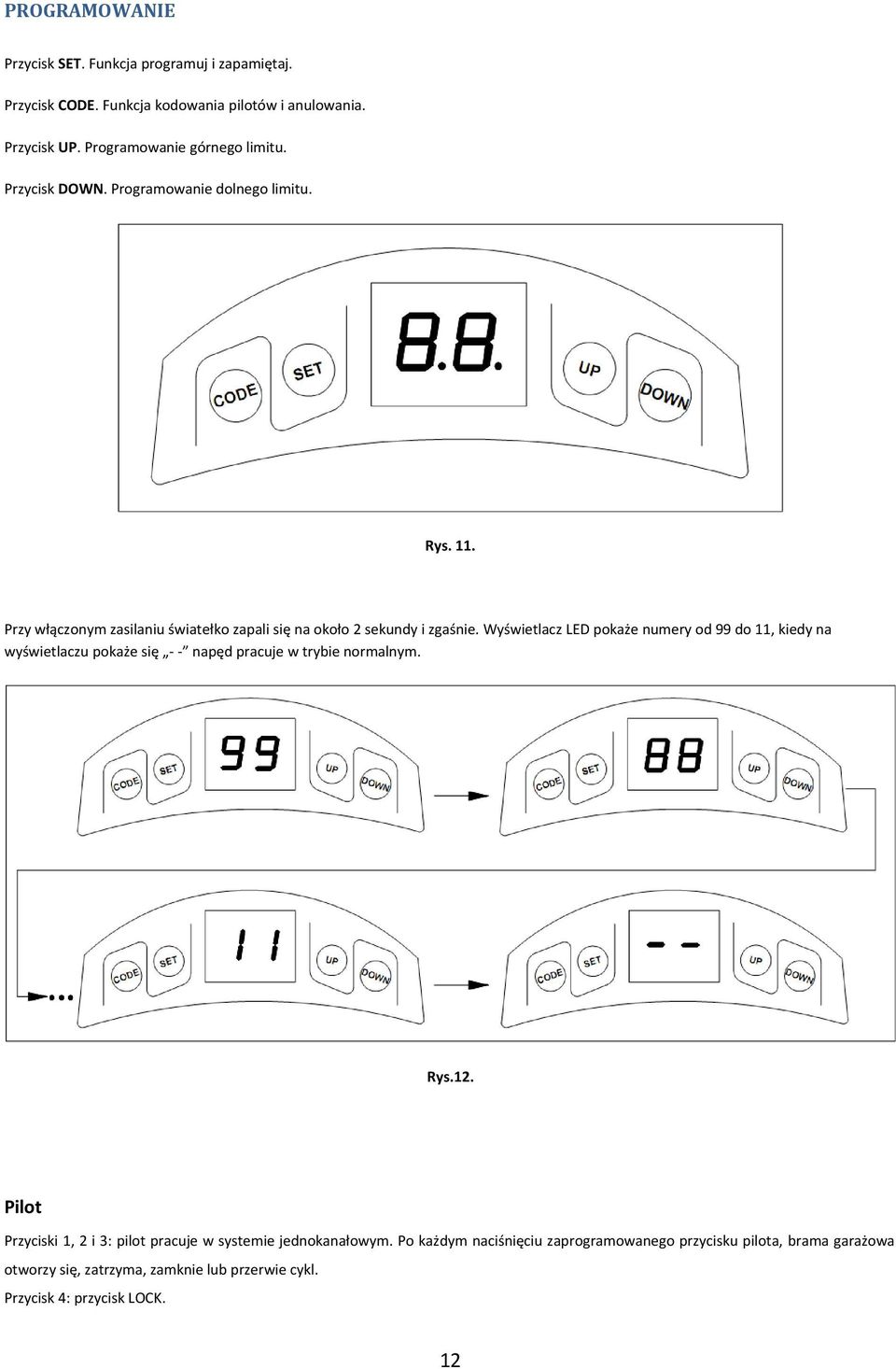 Wyświetlacz LED pokaże numery od 99 do 11, kiedy na wyświetlaczu pokaże się - - napęd pracuje w trybie normalnym. Rys.12.