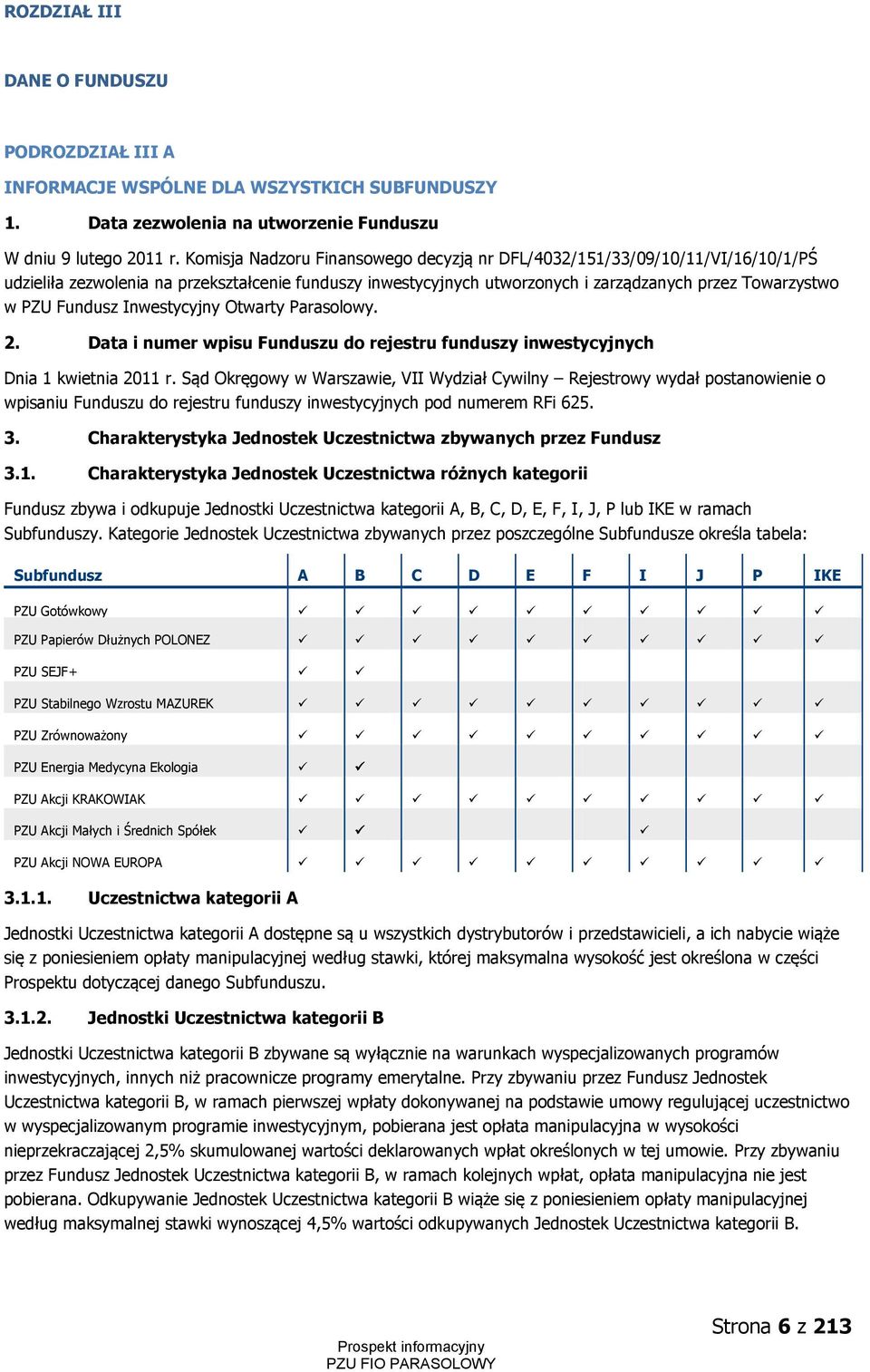 Fundusz Inwestycyjny Otwarty Parasolowy. 2. Data i numer wpisu Funduszu do rejestru funduszy inwestycyjnych Dnia 1 kwietnia 2011 r.