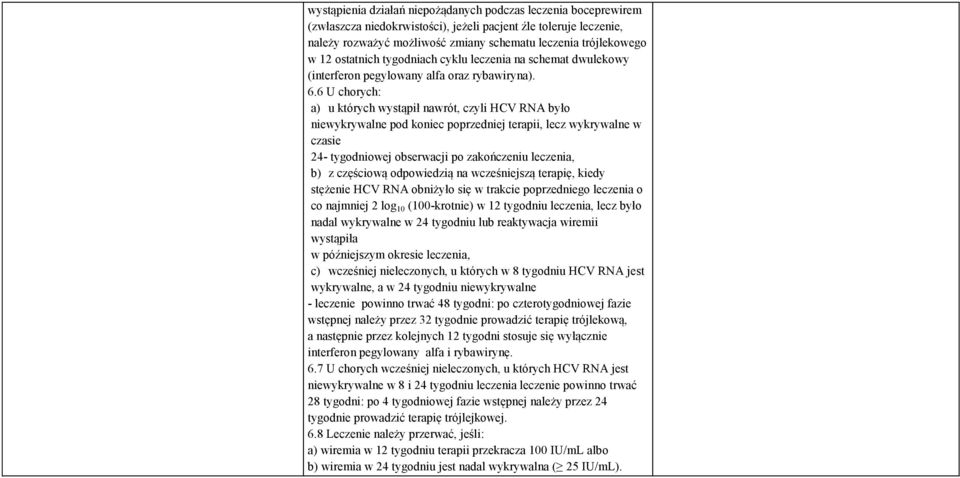 6 U chorych: a) u których wystąpił nawrót, czyli HCV RNA było niewykrywalne pod koniec poprzedniej terapii, lecz wykrywalne w czasie 24- tygodniowej obserwacji po zakończeniu leczenia, b) z częściową