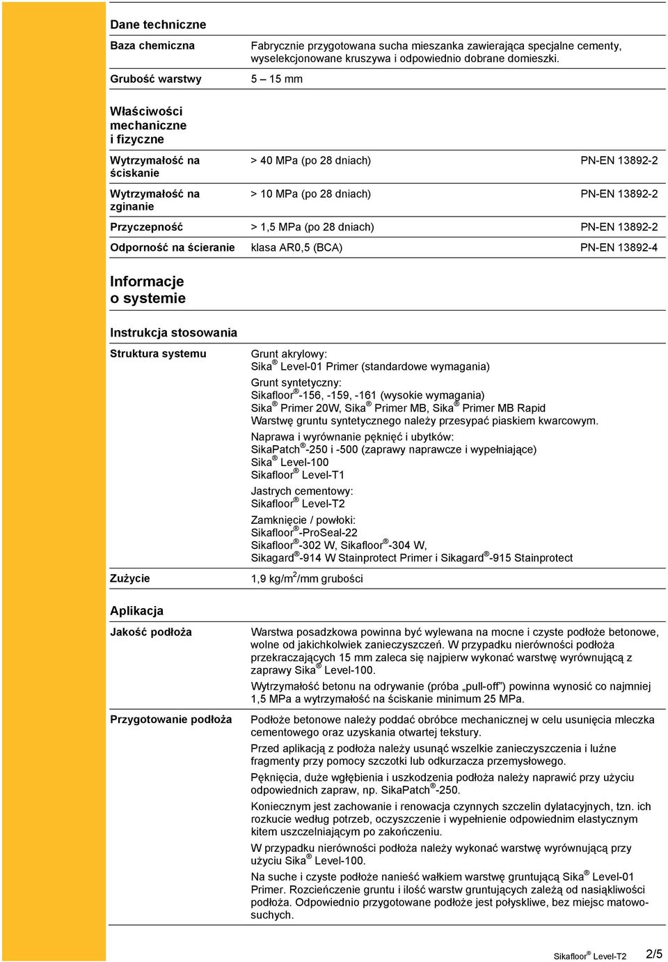 dniach) PN-EN 13892-2 Odporność na ścieranie klasa AR0,5 (BCA) PN-EN 13892-4 Informacje o systemie Instrukcja stosowania Struktura systemu Zużycie Grunt akrylowy: Sika Level-01 Primer (standardowe