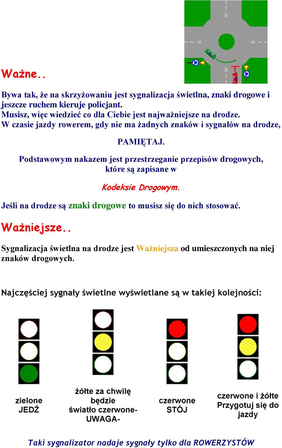 Jeśli na drodze są znaki drogowe to musisz się do nich stosować. Ważniejsze.. Sygnalizacja świetlna na drodze jest Ważniejsza od umieszczonych na niej znaków drogowych.