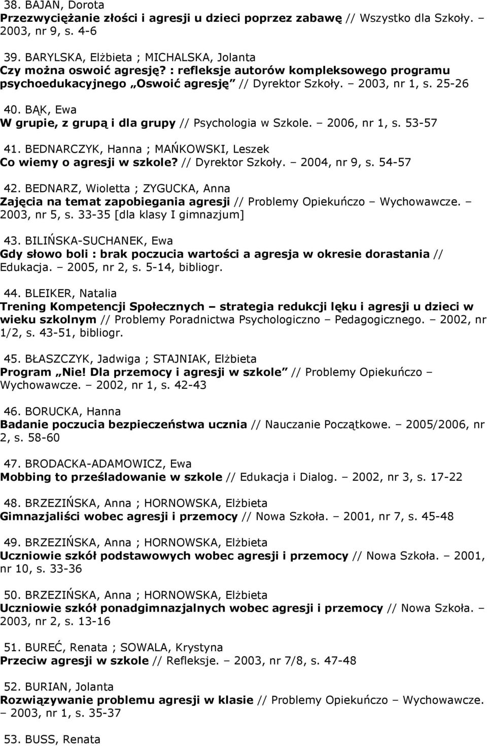 53-57 41. BEDNARCZYK, Hanna ; MAŃKOWSKI, Leszek Co wiemy o agresji w szkole? // Dyrektor Szkoły. 2004, nr 9, s. 54-57 42.