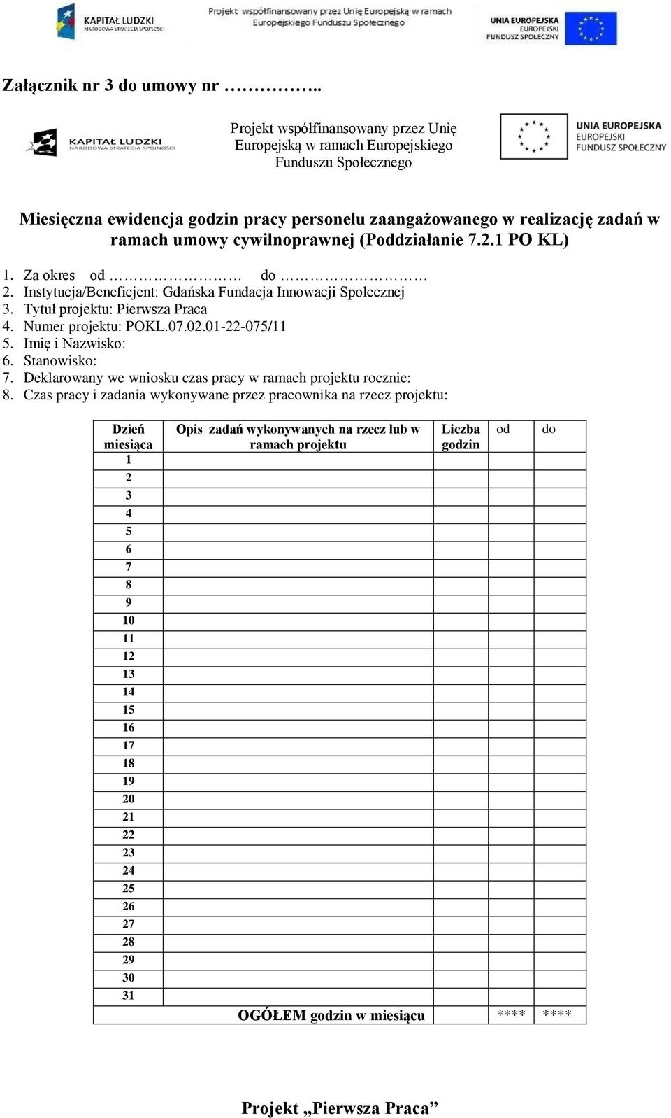 cywilnoprawnej (Poddziałanie 7.2.1 PO KL) 1. Za okres od do 2. Instytucja/Beneficjent: Gdańska Fundacja Innowacji Społecznej 3. Tytuł projektu: Pierwsza Praca 4. Numer projektu: POKL.07.02.