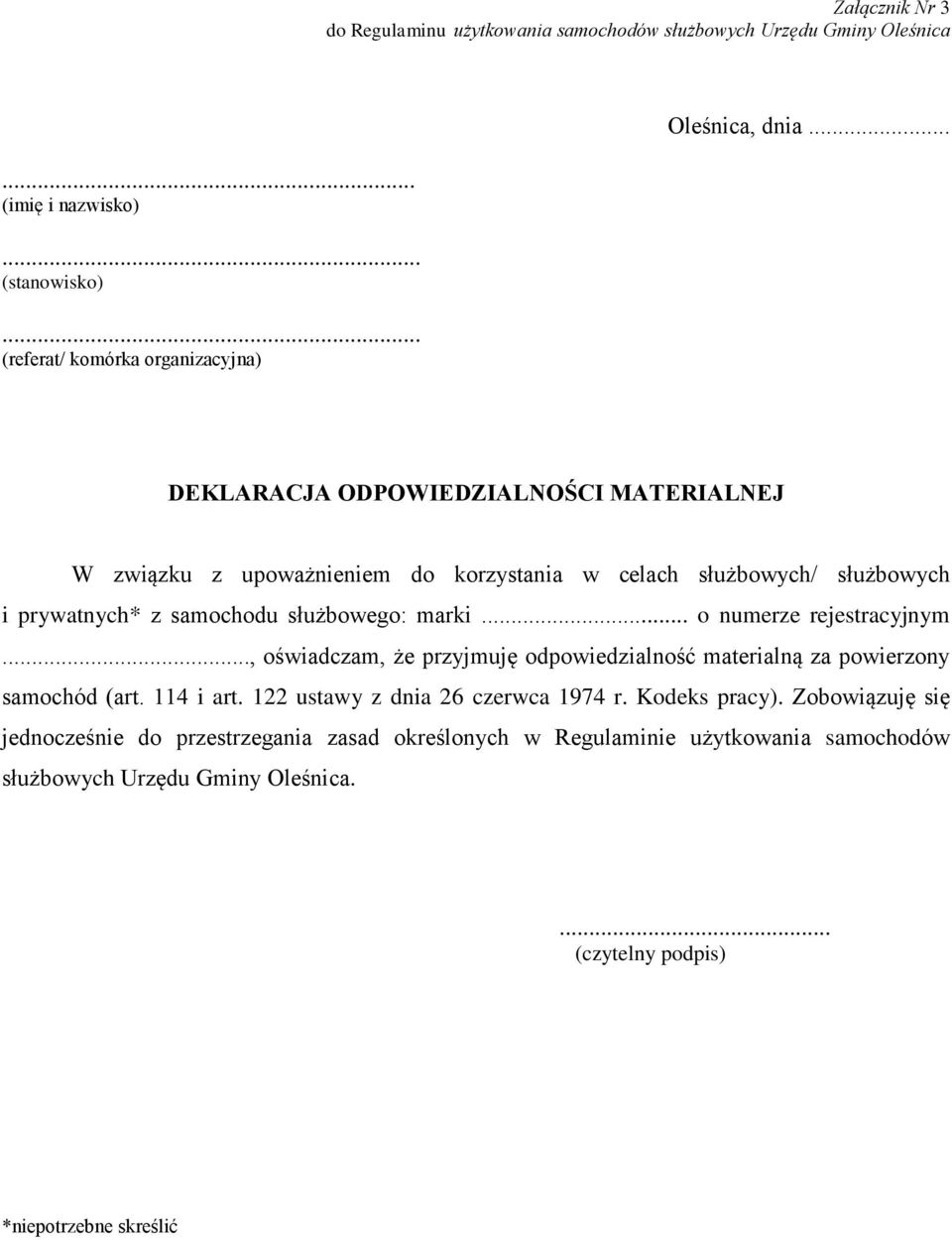 Regulamin użytkowania samochodów służbowych Urzędu Gminy Oleśnica. Rozdział  I Postanowienia ogólne. - PDF Free Download