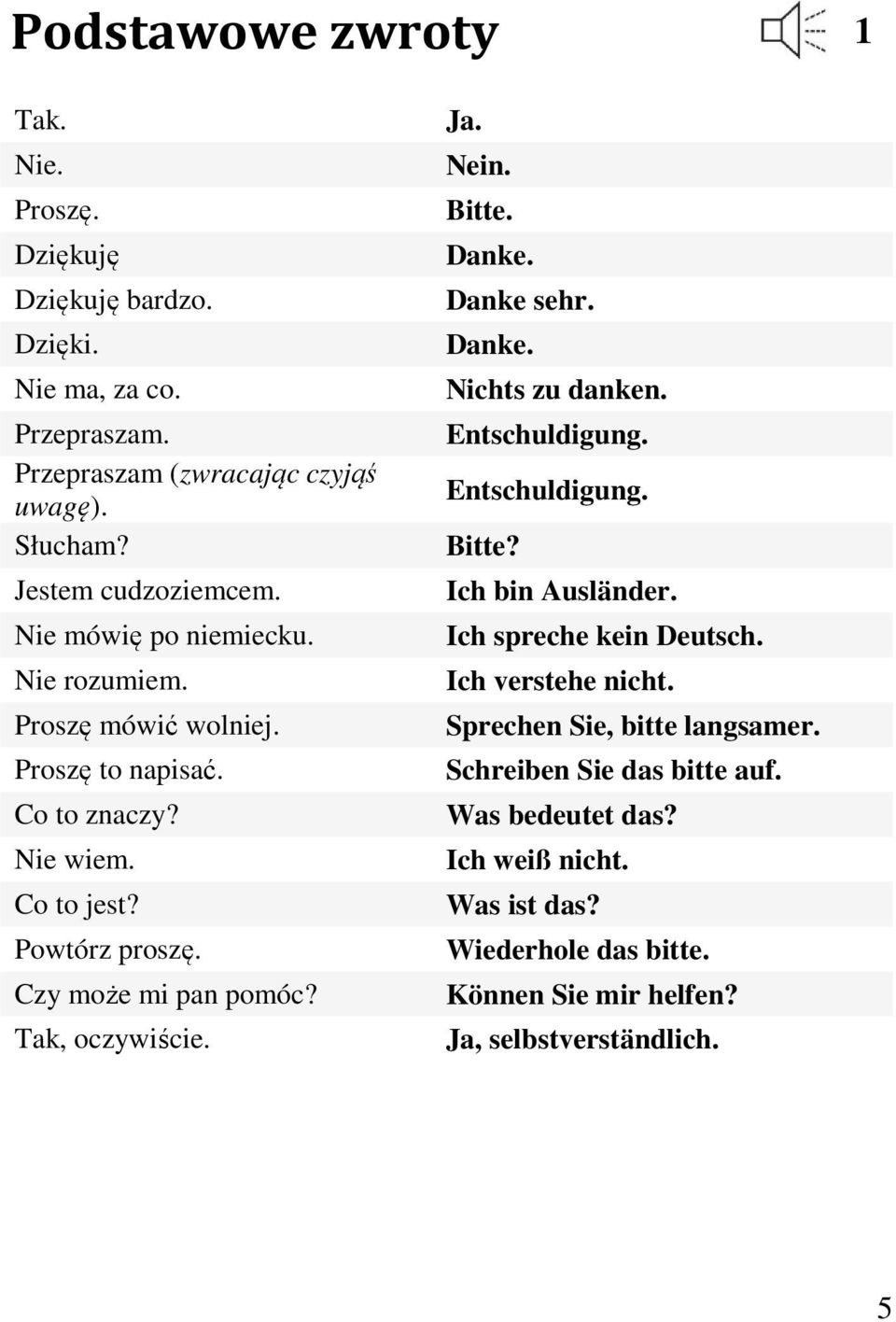 Ja. Nein. Bitte. Danke. Danke sehr. Danke. Nichts zu danken. Entschuldigung. Entschuldigung. Bitte? Ich bin Ausländer. Ich spreche kein Deutsch. Ich verstehe nicht.