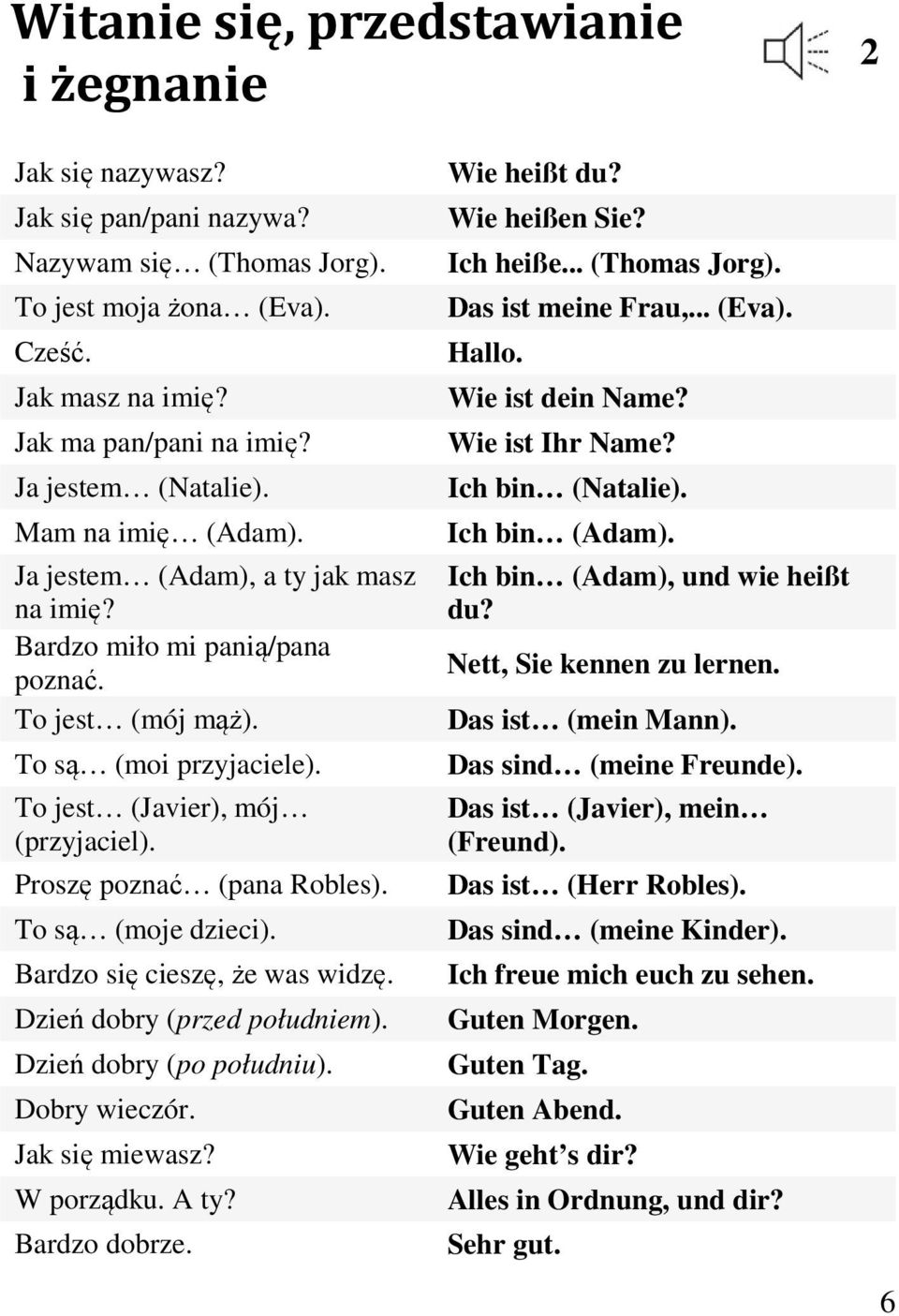 Proszę poznać (pana Robles). To są (moje dzieci). Bardzo się cieszę, że was widzę. Dzień dobry (przed południem). Dzień dobry (po południu). Dobry wieczór. Jak się miewasz? W porządku. A ty?