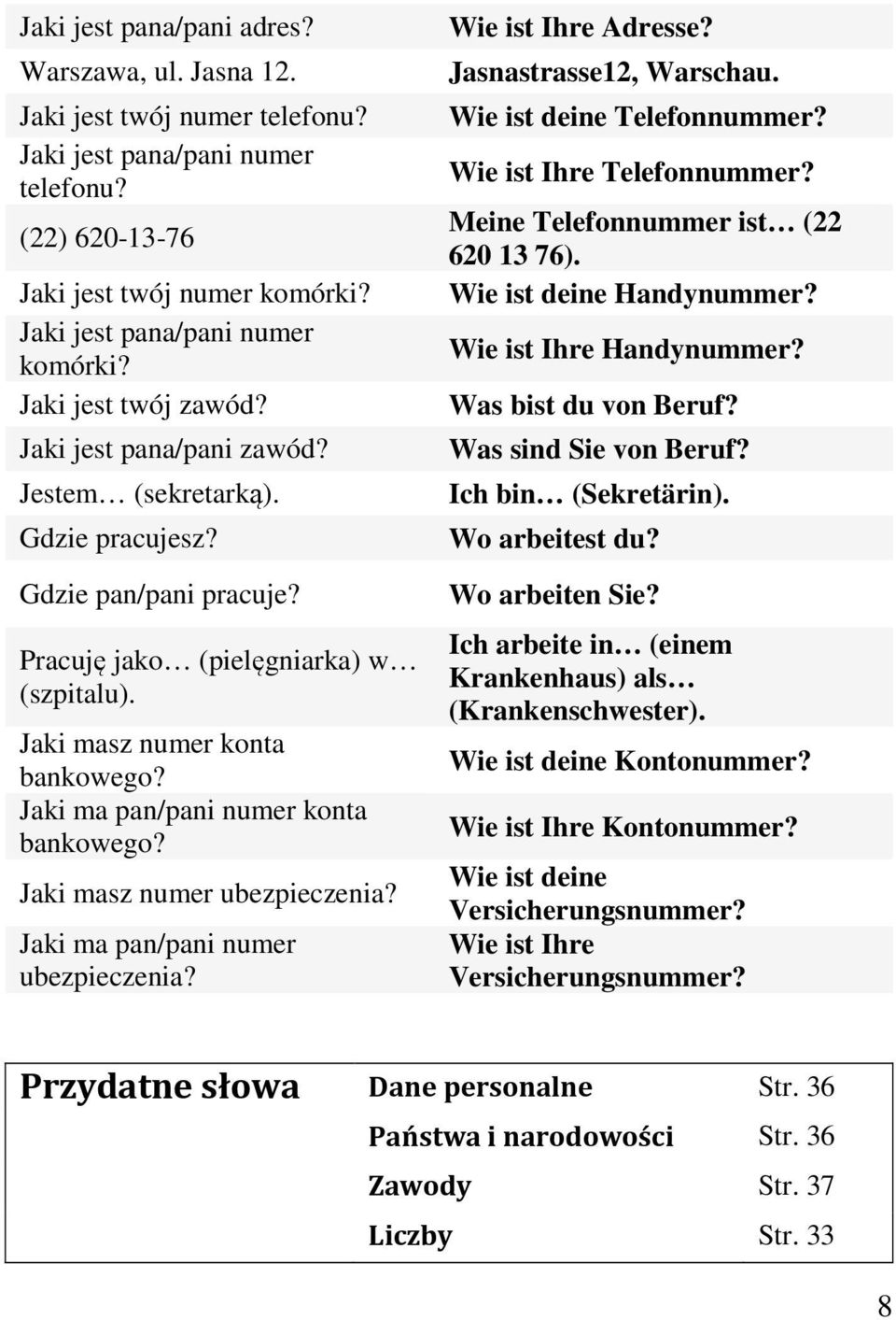 Jaki ma pan/pani numer konta bankowego? Jaki masz numer ubezpieczenia? Jaki ma pan/pani numer ubezpieczenia? Wie ist Ihre Adresse? Jasnastrasse12, Warschau. Wie ist deine Telefonnummer?