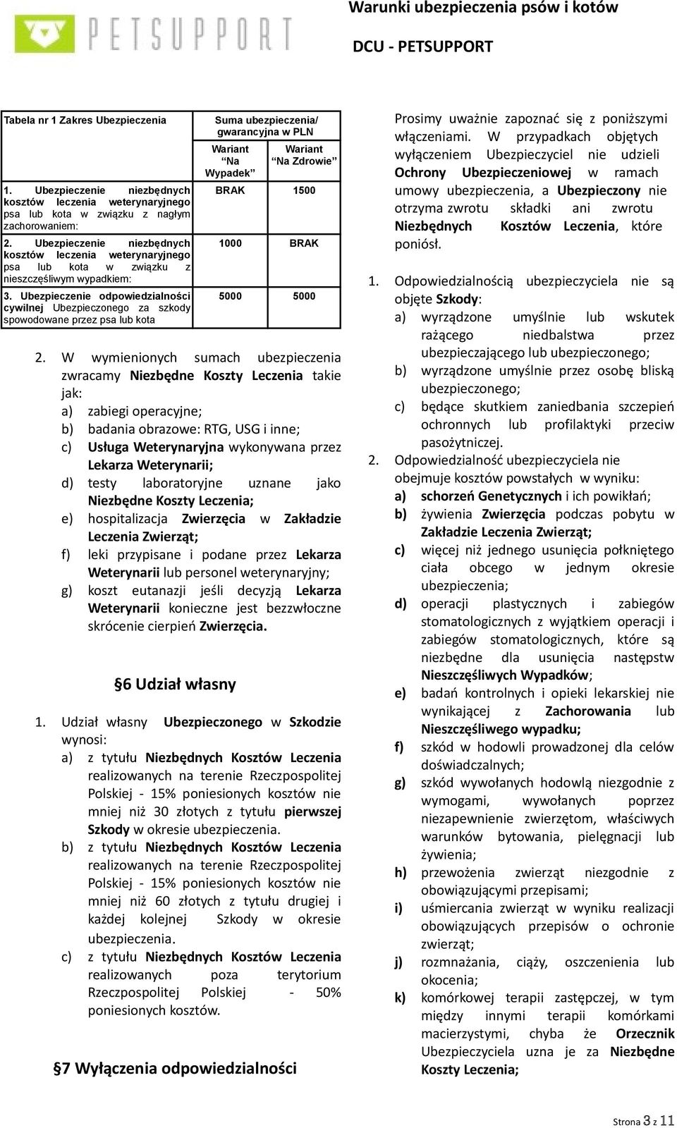 Ubezpieczenie odpowiedzialności cywilnej Ubezpieczonego za szkody spowodowane przez psa lub kota Suma ubezpieczenia/ gwarancyjna w PLN Wariant Na Wypadek Wariant Na Zdrowie BRAK 1500 1000 BRAK 5000