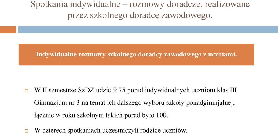 W II semestrze SzDZ udzielił 75 porad indywidualnych uczniom klas III Gimnazjum nr 3 na temat ich