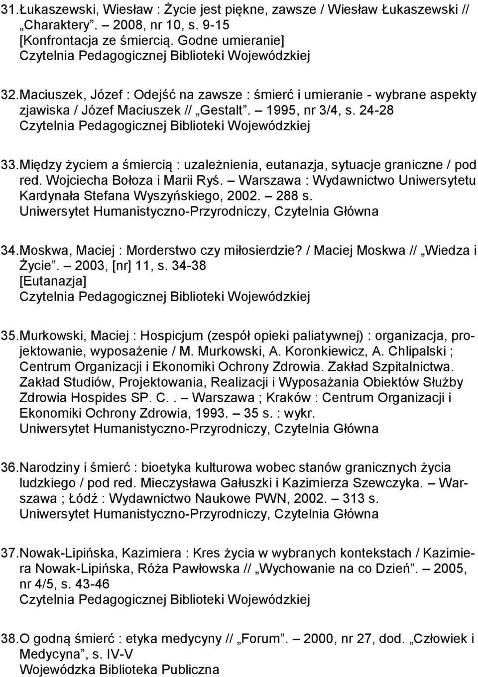 Między życiem a śmiercią : uzależnienia, eutanazja, sytuacje graniczne / pod red. Wojciecha Bołoza i Marii Ryś. Warszawa : Wydawnictwo Uniwersytetu Kardynała Stefana Wyszyńskiego, 2002. 288 s. 34.