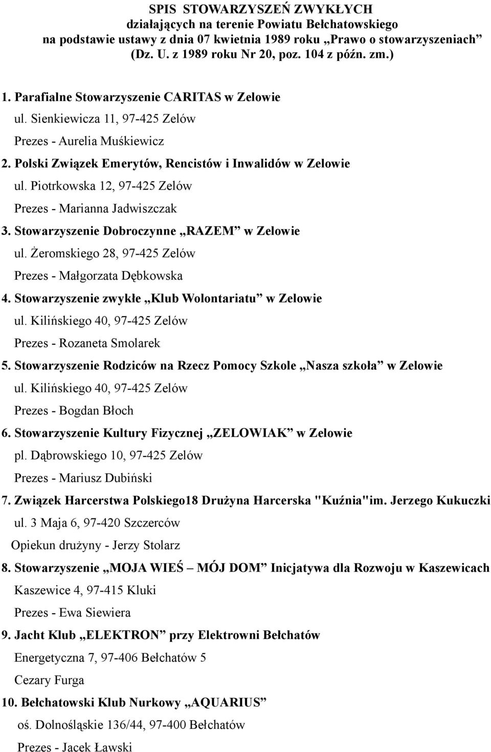 Piotrkowska 12, 97-425 Zelów Prezes - Marianna Jadwiszczak 3. Stowarzyszenie Dobroczynne RAZEM w Zelowie ul. Żeromskiego 28, 97-425 Zelów Prezes - Małgorzata Dębkowska 4.