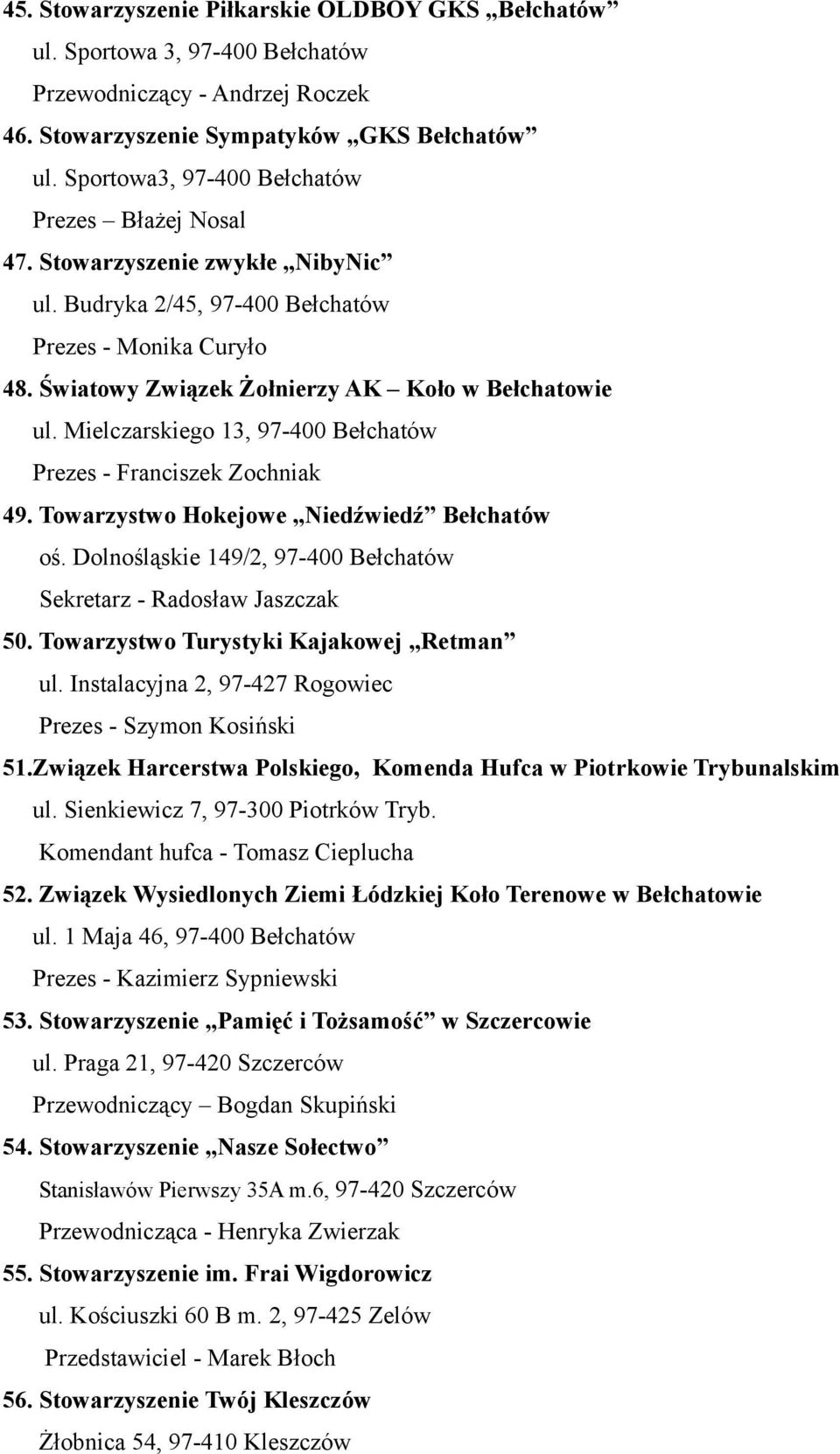 Mielczarskiego 13, 97-400 Bełchatów Prezes - Franciszek Zochniak 49. Towarzystwo Hokejowe Niedźwiedź Bełchatów oś. Dolnośląskie 149/2, 97-400 Bełchatów Sekretarz - Radosław Jaszczak 50.