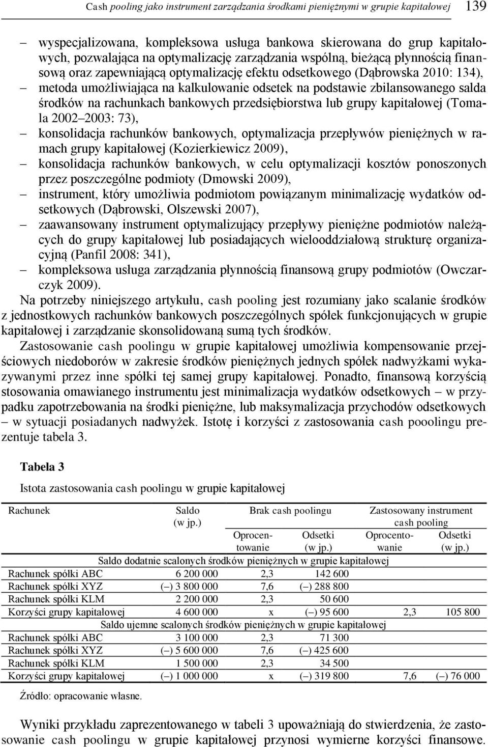 salda środków na rachunkach bankowych przedsiębiorstwa lub grupy kapitałowej (Tomala 2002 2003: 73), konsolidacja rachunków bankowych, optymalizacja przepływów pieniężnych w ramach grupy kapitałowej