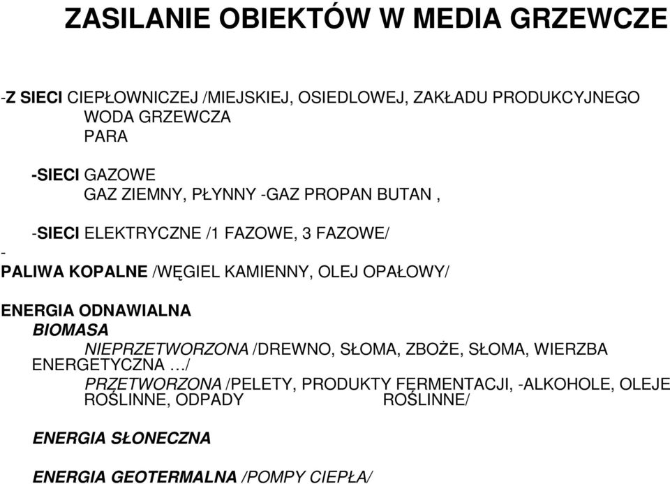 KAMIENNY, OLEJ OPAŁOWY/ ENERGIA ODNAWIALNA BIOMASA NIEPRZETWORZONA /DREWNO, SŁOMA, ZBOŻE, SŁOMA, WIERZBA ENERGETYCZNA /