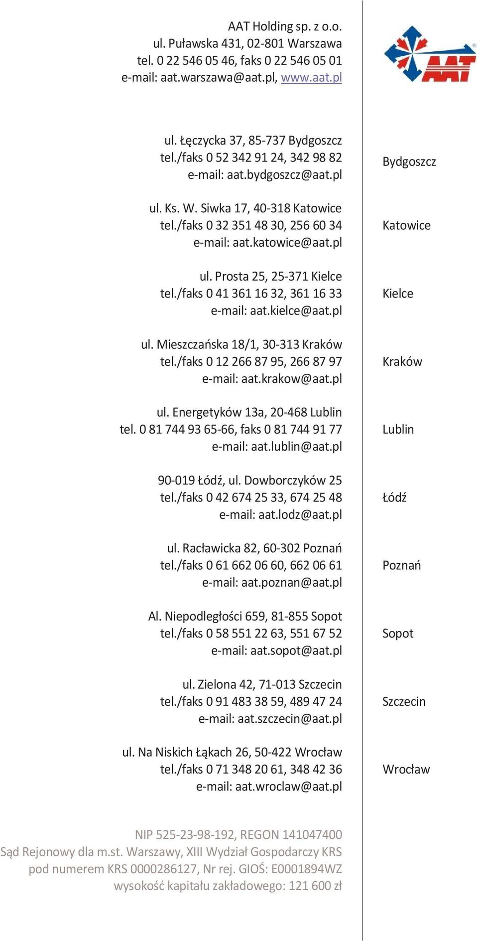/faks 0 41 361 16 32, 361 16 33 e-mail: aat.kielce@aat.pl ul. Mieszczańska 18/1, 30-313 Kraków tel./faks 0 12 266 87 95, 266 87 97 e-mail: aat.krakow@aat.pl ul. Energetyków 13a, 20-468 Lublin tel.