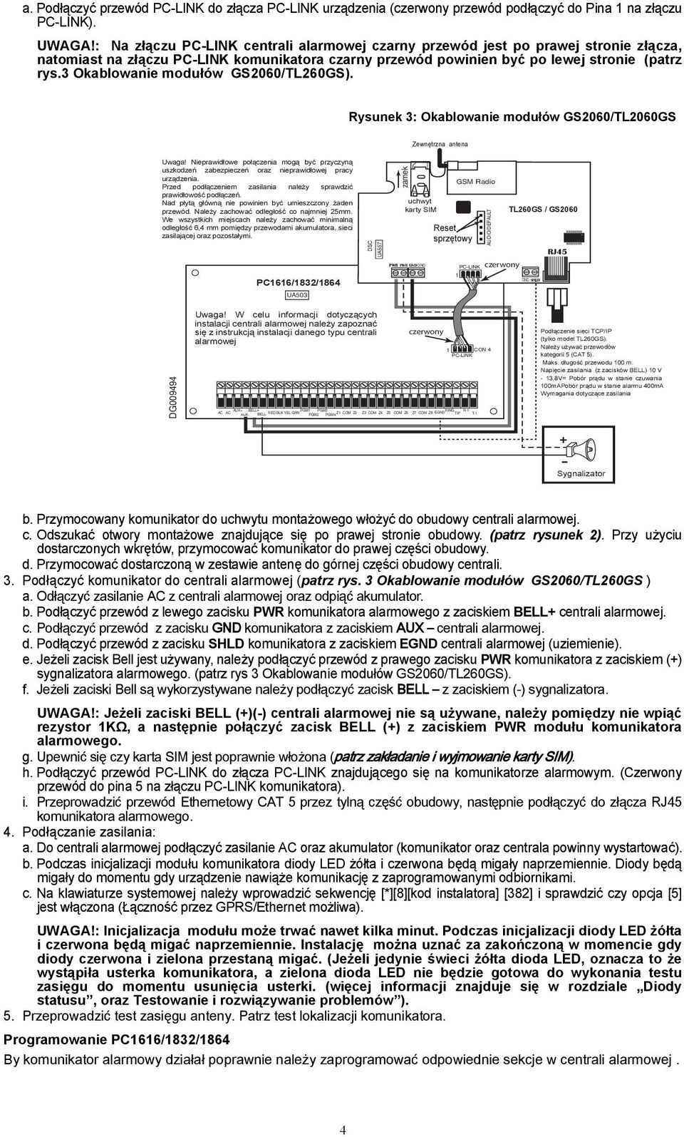 3 Okablowanie modułów GS2060/TL260GS). Rysunek 3: Okablowanie modułów GS2060/TL2060GS Zewnętrzna antena Uwaga!