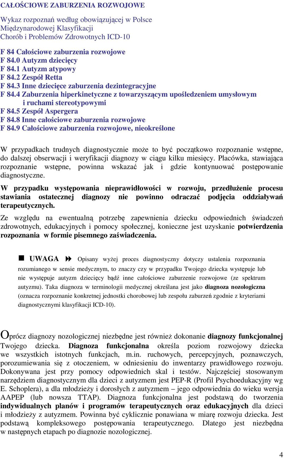 4 Zaburzenia hiperkinetyczne z towarzyszącym upośledzeniem umysłowym i ruchami stereotypowymi F 84.5 Zespół Aspergera F 84.8 Inne całościowe zaburzenia rozwojowe F 84.