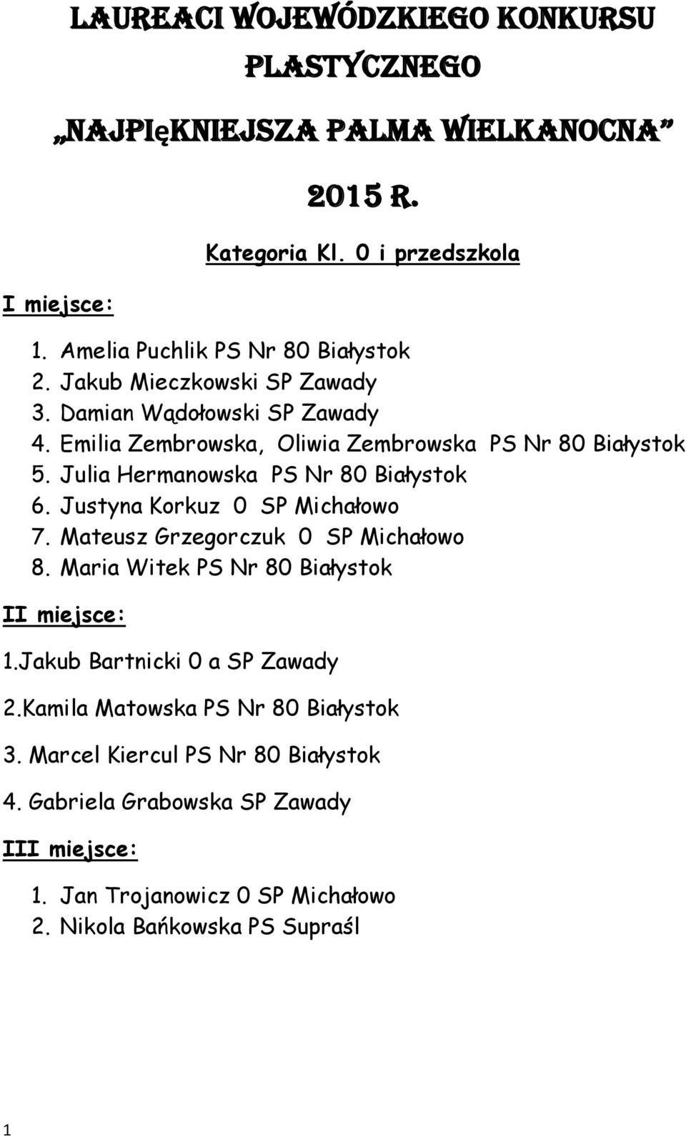 Julia Hermanowska PS Nr 80 Białystok 6. Justyna Korkuz 0 SP Michałowo 7. Mateusz Grzegorczuk 0 SP Michałowo 8. Maria Witek PS Nr 80 Białystok I 1.