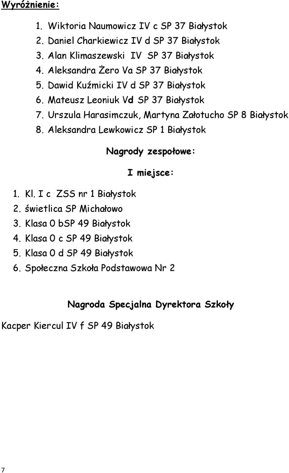 Urszula Harasimczuk, Martyna Załotucho SP 8 Białystok 8. Aleksandra Lewkowicz SP 1 Białystok Nagrody zespołowe: 1. Kl. I c ZSS nr 1 Białystok 2.