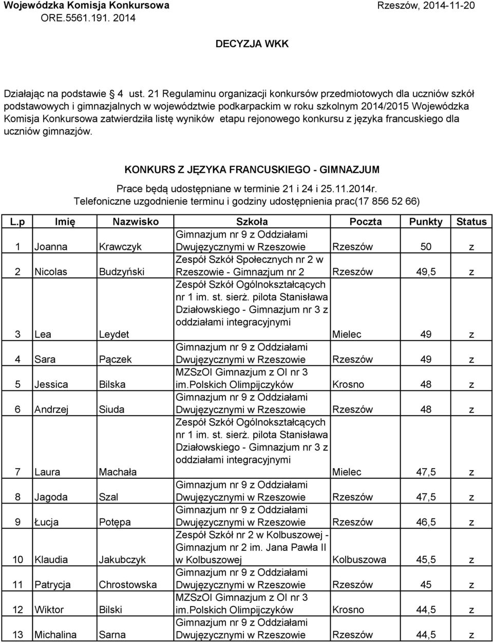 listę wyników etapu rejonowego konkursu z języka francuskiego dla uczniów gimnazjów. KONKURS Z JĘZYKA FRANCUSKIEGO - GIMNAZJUM Prace będą udostępniane w terminie 21 i 24 i 25.11.2014r.