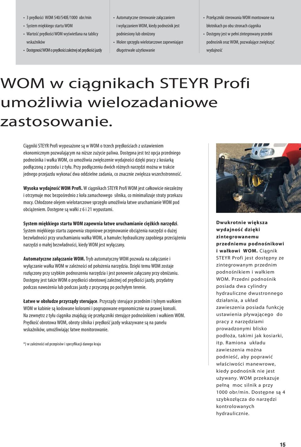 błotnikach po obu stronach ciągnika Dostępny jest w pełni zintegrowany przedni podnośnik oraz WOM, pozwalające zwiększyć wydajność wom w ciągnikach STeyR Profi umożliwia wielozadaniowe zastosowanie.
