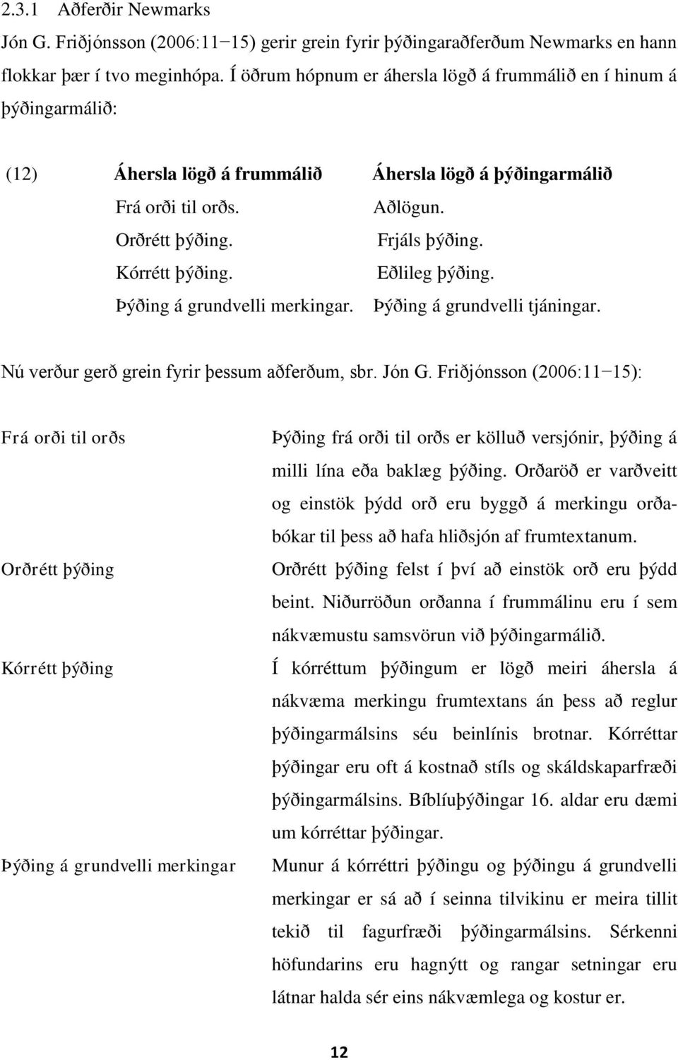 Kórrétt þýðing. Eðlileg þýðing. Þýðing á grundvelli merkingar. Þýðing á grundvelli tjáningar. Nú verður gerð grein fyrir þessum aðferðum, sbr. Jón G.