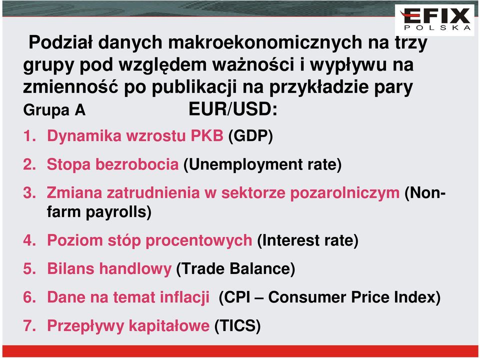 Zmiana zatrudnienia w sektorze pozarolniczym (Nonfarm payrolls) 4. Poziom stóp procentowych (Interest rate) 5.