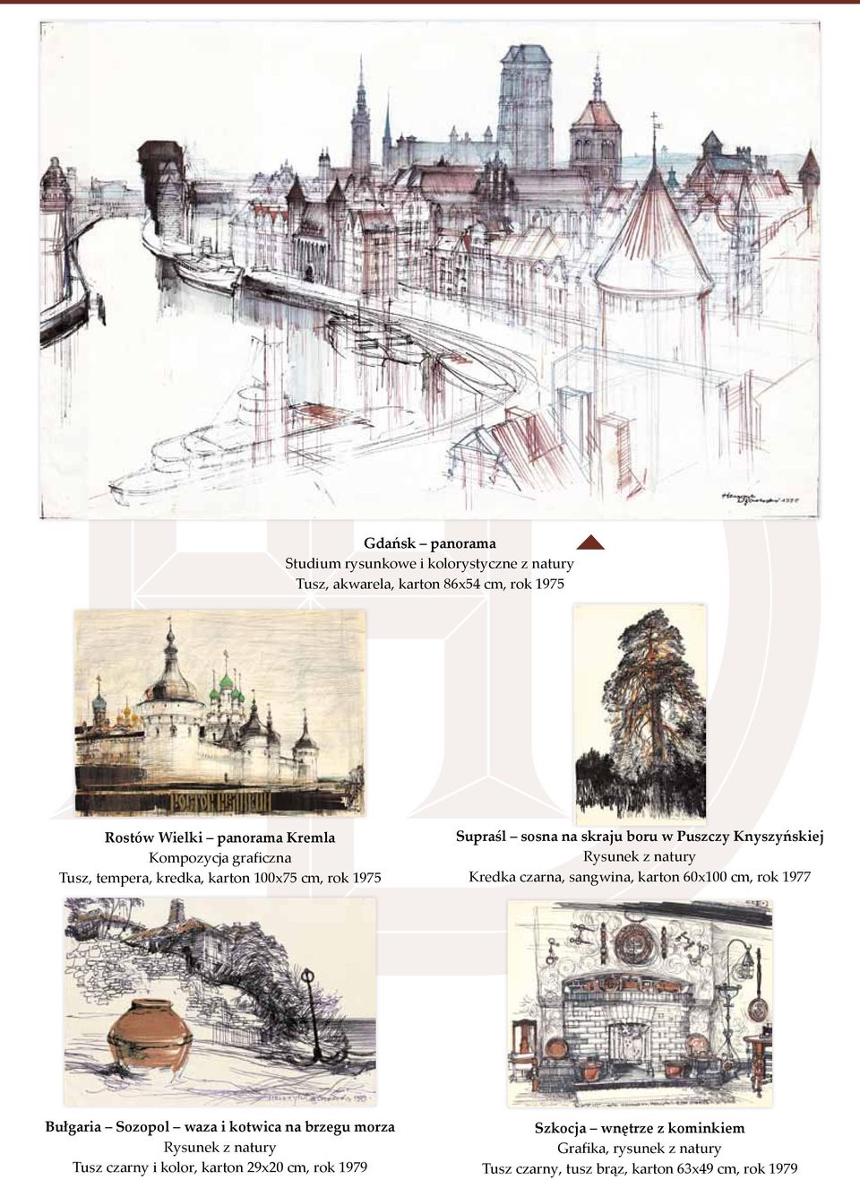 Puszczy Knyszyńskiej Kredka czarna, sangwina, karton 60x100 cm, rok 1977 Bułgaria Sozopol waza i kotwica na brzegu