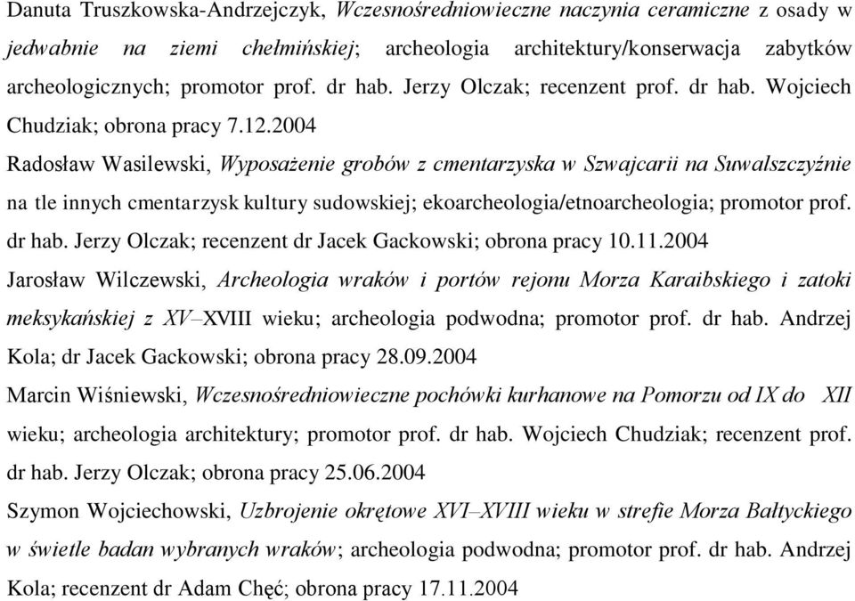 2004 Radosław Wasilewski, Wyposażenie grobów z cmentarzyska w Szwajcarii na Suwalszczyźnie na tle innych cmentarzysk kultury sudowskiej; ekoarcheologia/etnoarcheologia; promotor prof. dr hab.