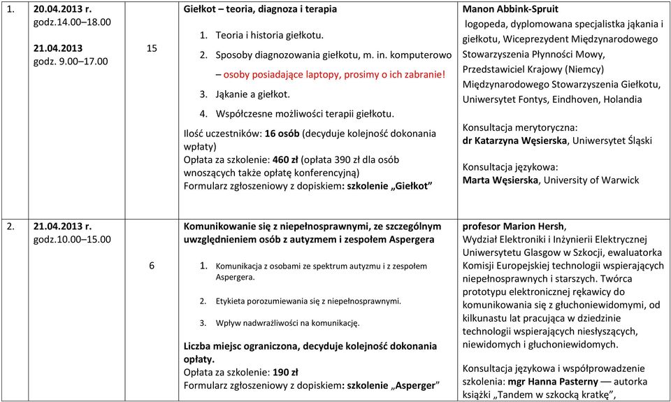 Ilość uczestników: 16 osób (decyduje kolejność dokonania wpłaty) Opłata za szkolenie: 460 zł (opłata 390 zł dla osób wnoszących także opłatę konferencyjną) Formularz zgłoszeniowy z dopiskiem: