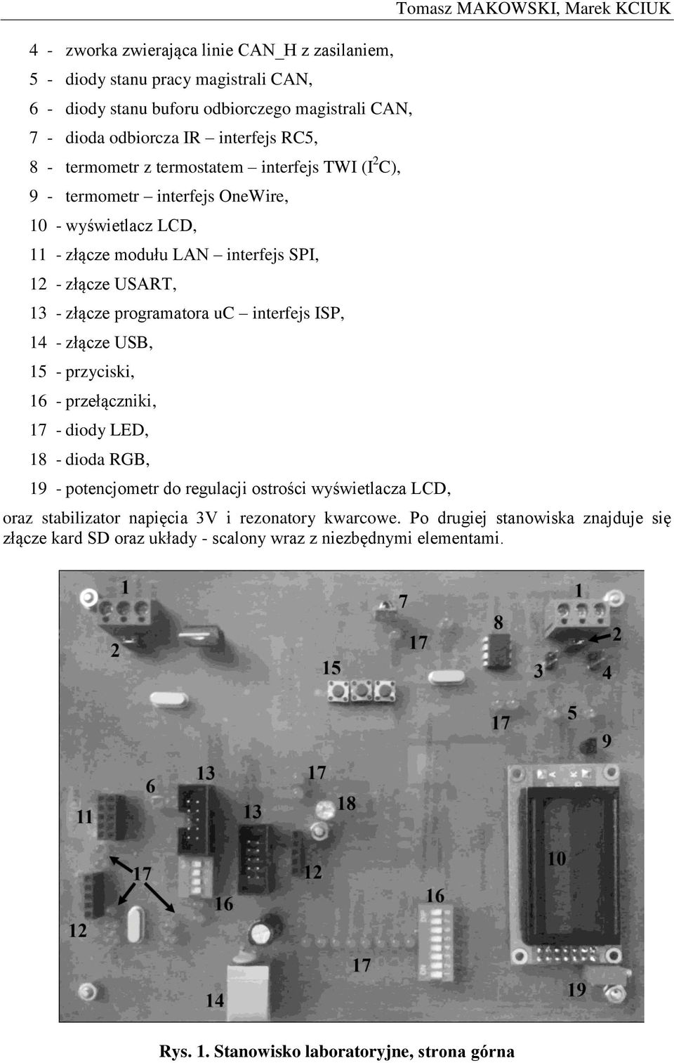 ISP, 14 - złącze USB, 15 - przyciski, 16 - przełączniki, 17 - diody LED, 18 - dioda RGB, 19 - potencjometr do regulacji ostrości wyświetlacza LCD, Tomasz MAKOWSKI, Marek KCIUK oraz