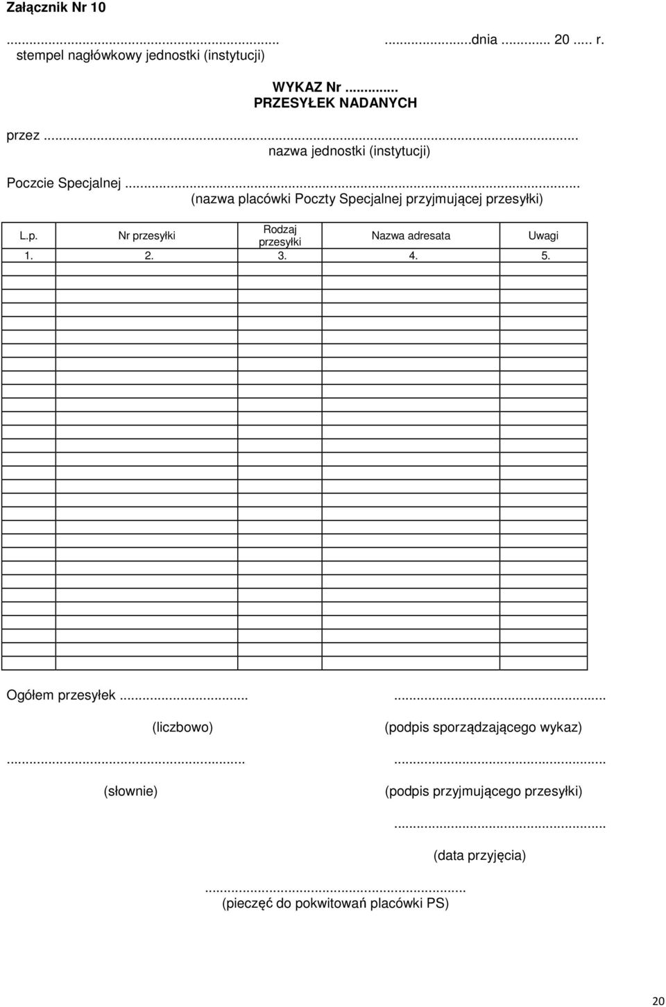 2. 3. 4. 5. Ogółem przesyłek...... (liczbowo) (podpis sporządzającego wykaz).