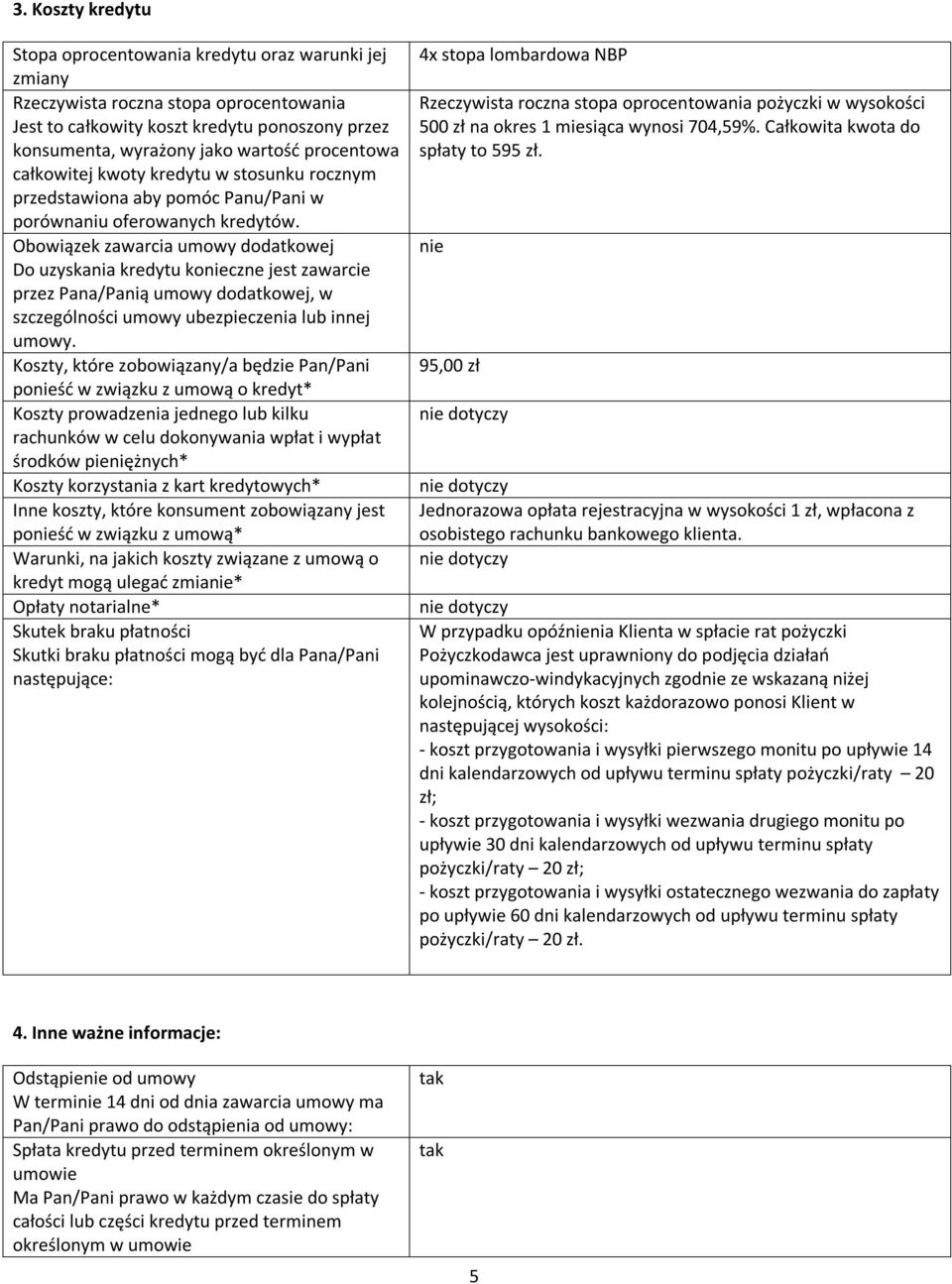 Obowiązek zawarcia umowy dodatkowej Do uzyskania kredytu konieczne jest zawarcie przez Pana/Panią umowy dodatkowej, w szczególności umowy ubezpieczenia lub innej umowy.