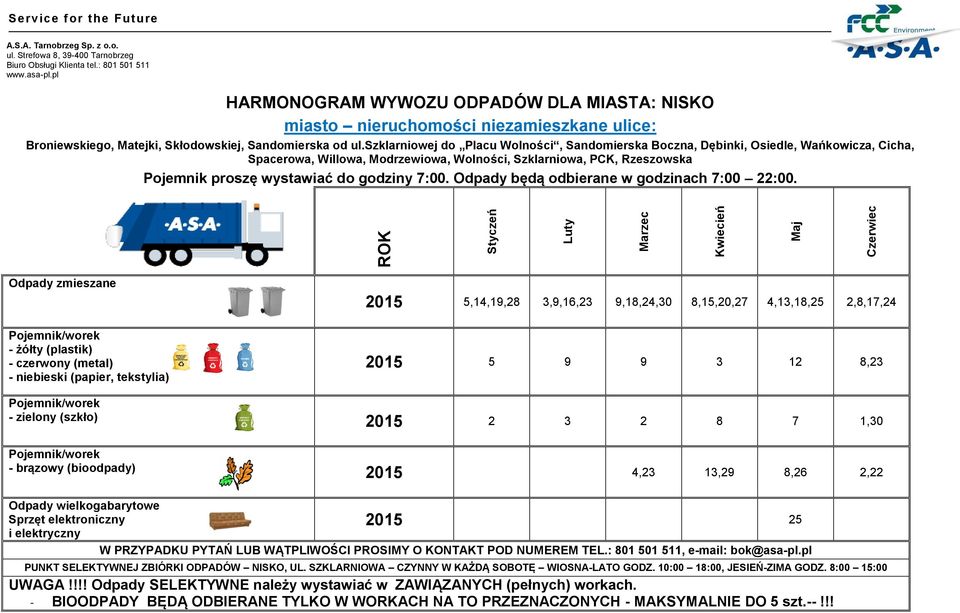 Willowa, Modrzewiowa, Wolności, Szklarniowa, PCK, Rzeszowska 2015 5,14,19,28 3,9,16,23 9,18,24,30