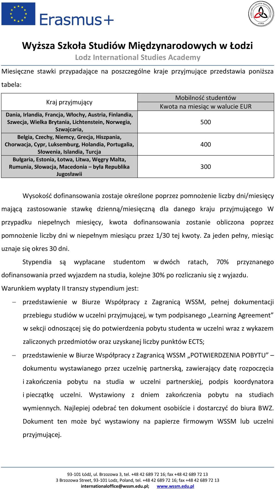 Malta, Rumunia, Słowacja, Macedonia była Republika Jugosławii Mobilność studentów Kwota na miesiąc w walucie EUR 500 400 300 Wysokość dofinansowania zostaje określone poprzez pomnożenie liczby