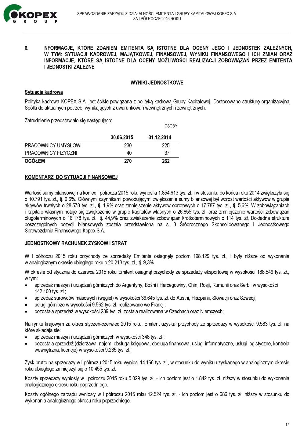 Dostosowano strukturę organizacyjną Spółki do aktualnych potrzeb, wynikających z uwarunkowań wewnętrznych i zewnętrznych. Zatrudnienie przedstawiało się następująco: OSOBY 30.06.2015 31.12.