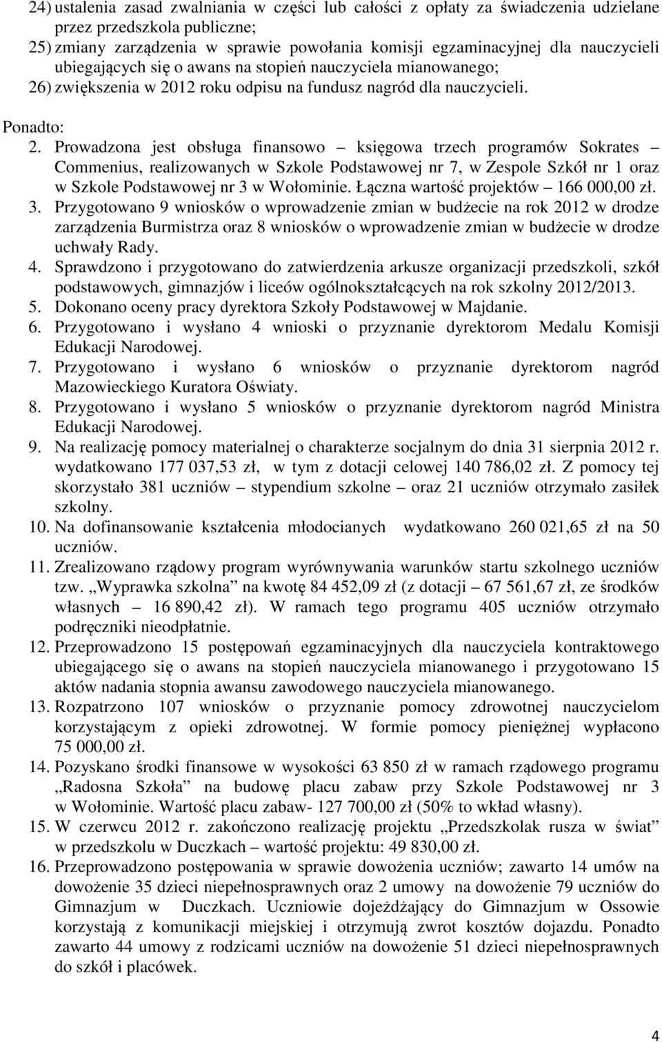 Prowadzona jest obsługa finansowo księgowa trzech programów Sokrates Commenius, realizowanych w Szkole Podstawowej nr 7, w Zespole Szkół nr 1 oraz w Szkole Podstawowej nr 3 w Wołominie.