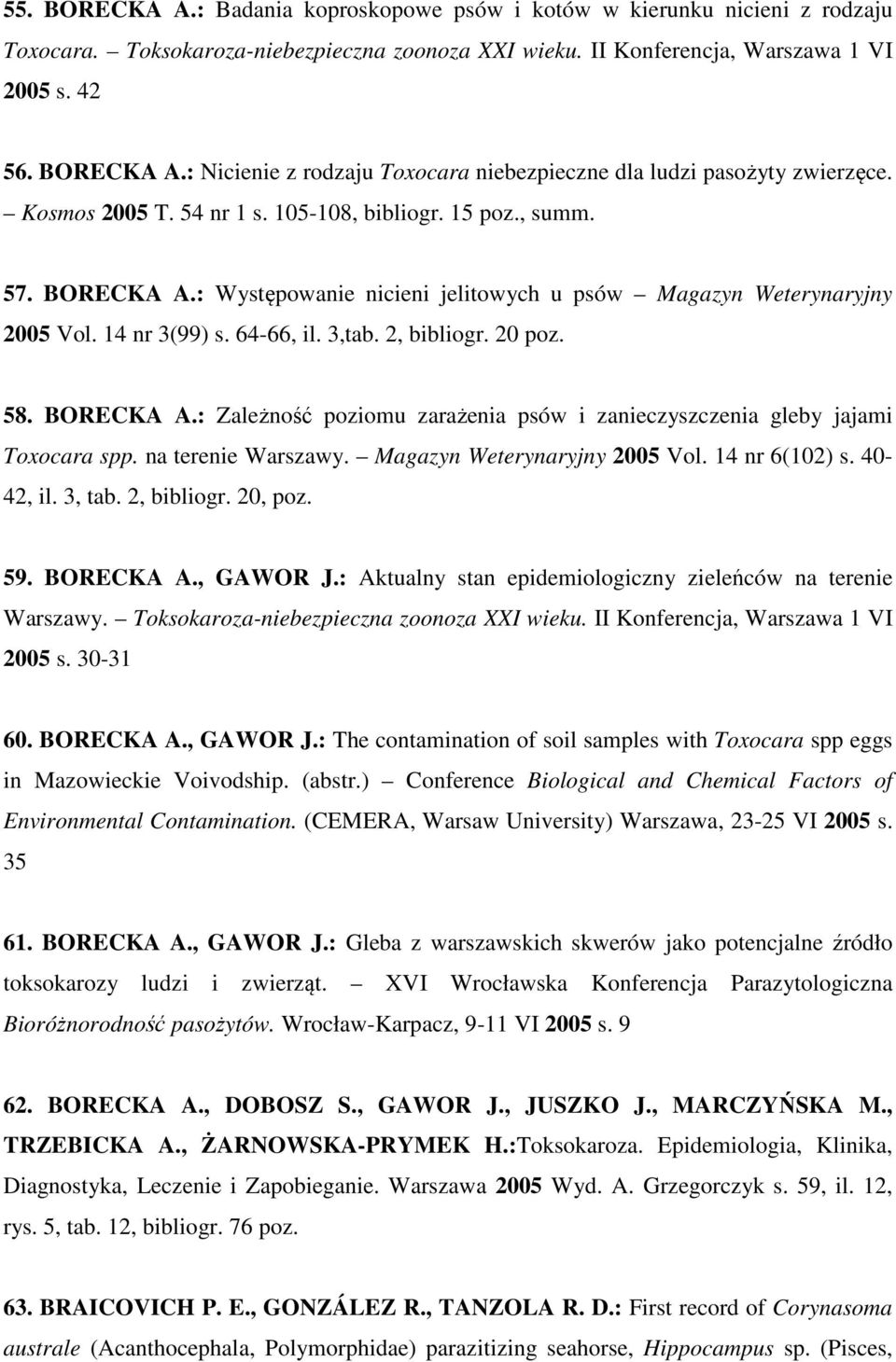 58. BORECKA A.: Zależność poziomu zarażenia psów i zanieczyszczenia gleby jajami Toxocara spp. na terenie Warszawy. Magazyn Weterynaryjny 2005 Vol. 14 nr 6(102) s. 40-42, il. 3, tab. 2, bibliogr.