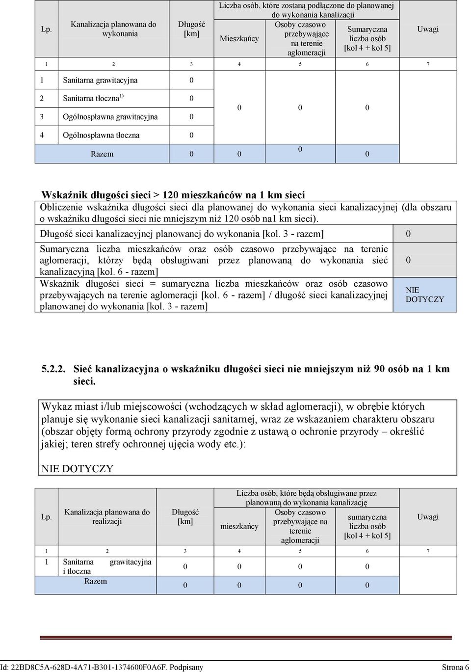 długości sieci > 120 mieszkańców na 1 km sieci Obliczenie wskaźnika długości sieci dla planowanej do wykonania sieci kanalizacyjnej (dla obszaru o wskaźniku długości sieci nie mniejszym niż 120 osób