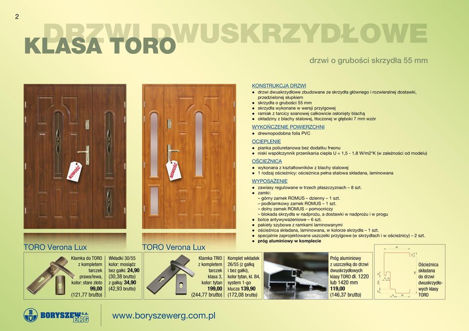 drewnopodobna folia PVC Ocieplenie pianka poliuretanowa bez dodatku freonu niski współczynnik przenikania ciepła U = 1,5-1,8 W/m2*K (w zależności od modelu) nowość Toro Verona Lux nowość Toro Verona