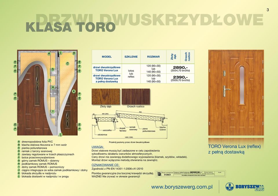 stalowa tłoczona w 7 mm wzór C pianka poliuretanowa D ramiak z tarcicy sosnowej E zawiasy regulowane w trzech płaszczyznach F bolce przeciwwyważeniowe G górny zamek ROMUS dzienny H podklamkowy zamek