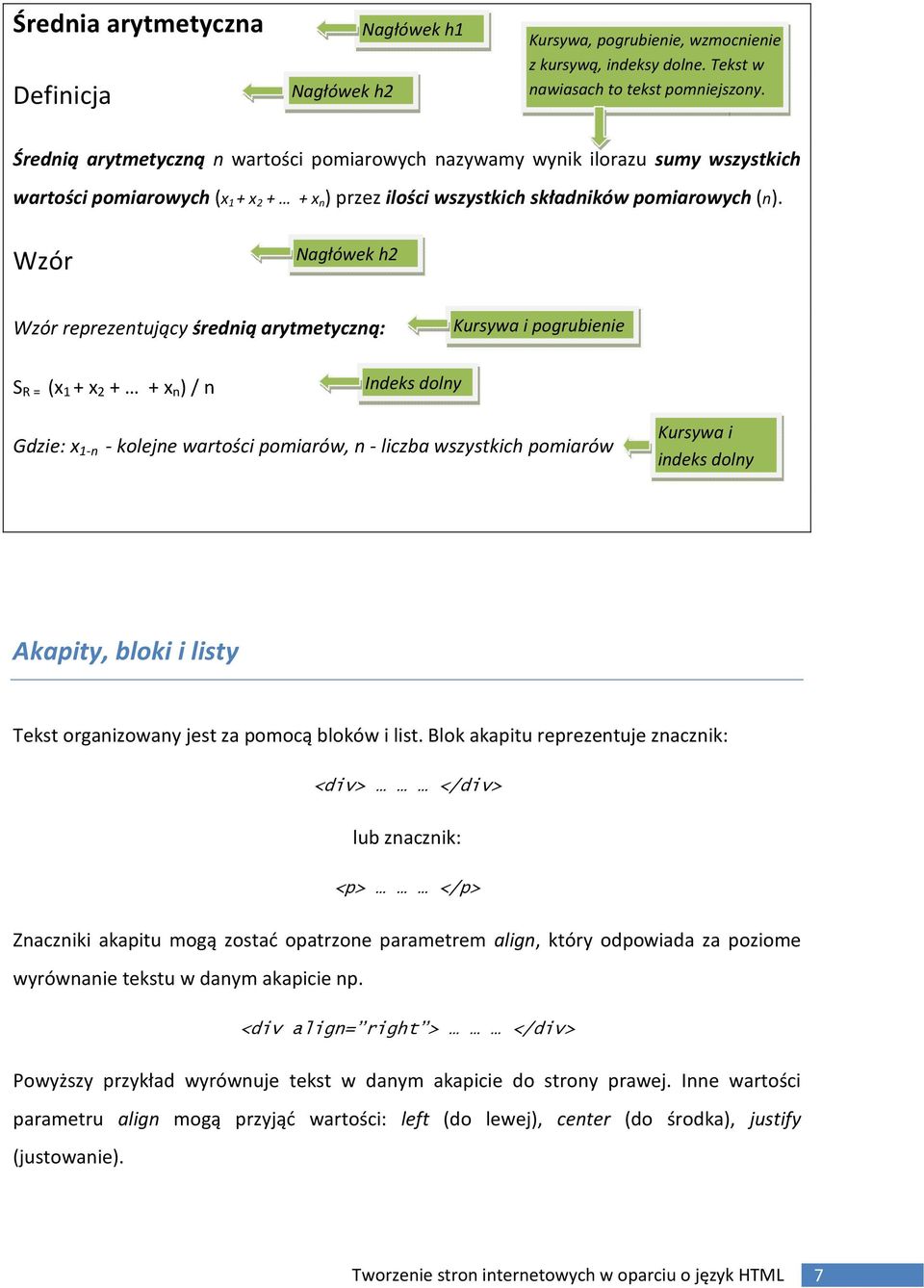 Wzór Nagłówek h2 Wzór reprezentujący średnią arytmetyczną: Kursywa i pogrubienie S R = (x 1 + x 2 + + x n ) / n Indeks dolny Gdzie: x 1-n - kolejne wartości pomiarów, n - liczba wszystkich pomiarów