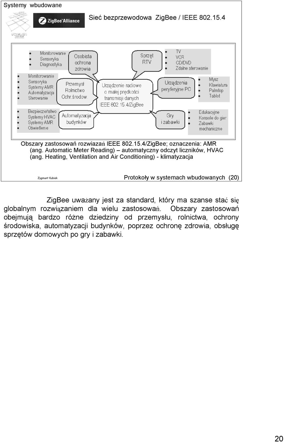 Heating, Ventilation and Air Conditioning) - klimatyzacja Protokoły w systemach wbudowanych (20) ZigBee uważany jest za standard, który ma