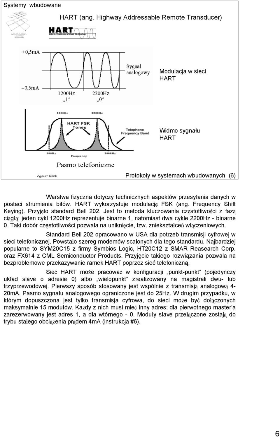 postaci strumienia bitów. HART wykorzystuje modulację FSK (ang. Frequency Shift Keying). Przyjęto standard Bell 202.
