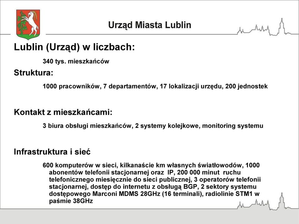 2 systemy kolejkowe, monitoring systemu Infrastruktura i sieć 600 komputerów w sieci, kilkanaście km własnych światłowodów, 1000 abonentów