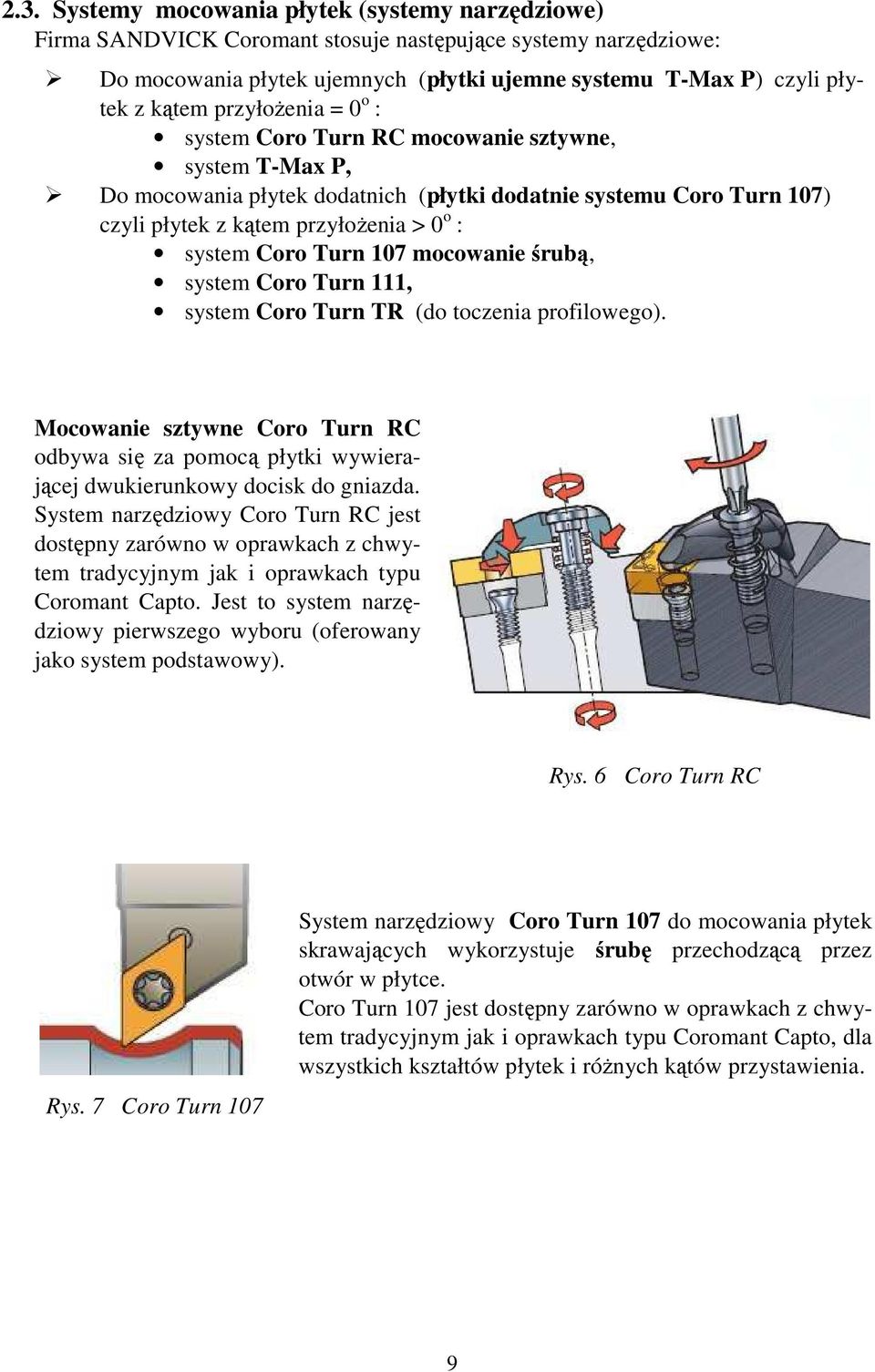 Turn 107 mocowanie śrubą, system Coro Turn 111, system Coro Turn TR (do toczenia profilowego). Mocowanie sztywne Coro Turn RC odbywa się za pomocą płytki wywierającej dwukierunkowy docisk do gniazda.